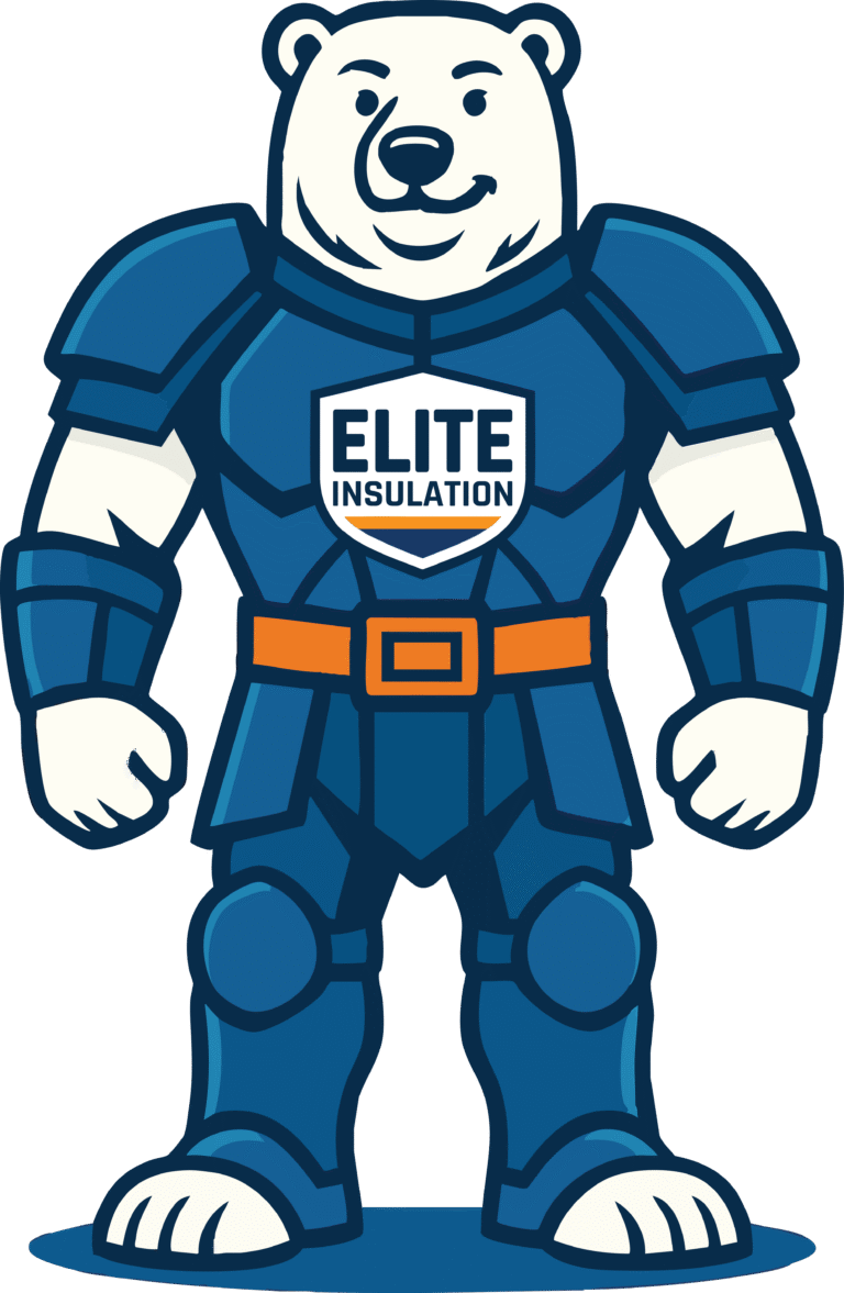 The Elite Insulation mascot polar bear in blue armor with "Elite Insulation" on the chest, standing upright and facing forward - perfect mascot for Spray Foam Insulation experts in Dover, Ohio.
